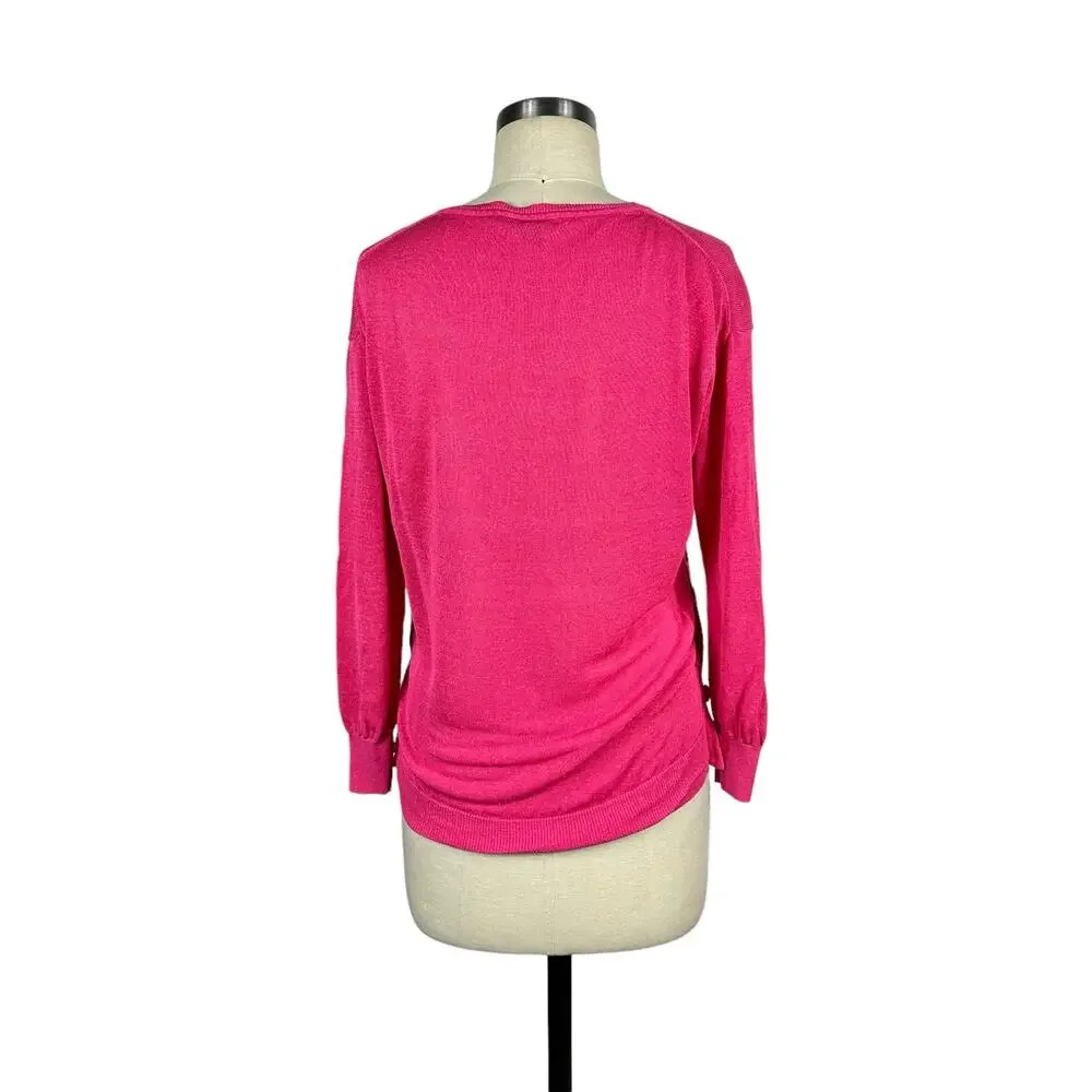 J CREW Neon Pink V-Neck Sweater‎ Side Buttons Linen Blend Women's Size Medium